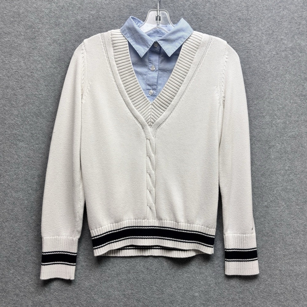 Tommy Hilfiger Faux Layered Sweater Small Cream Tennis Prep Old Money Cable Knit